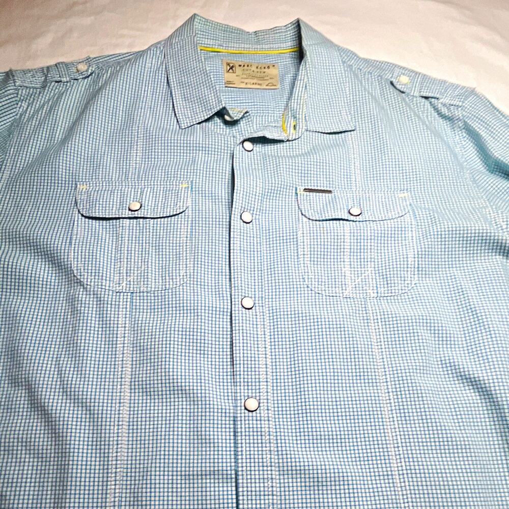 Marc Ecko Cut & Sew Men's XL Blue/White Check Cotton Woven L/S Button-Up Pockets